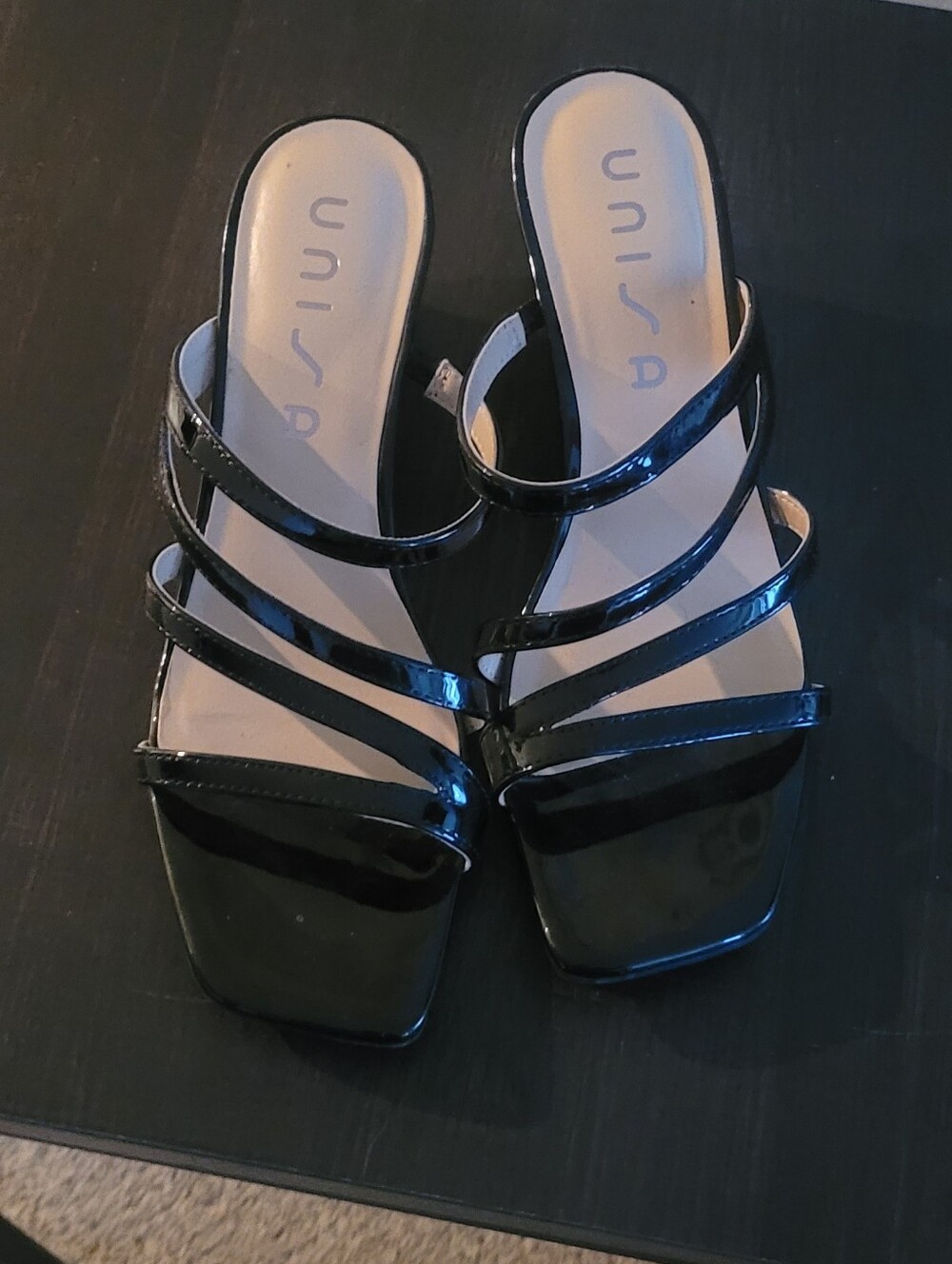Unisa Black Patent Multi-Strap Slide Mules